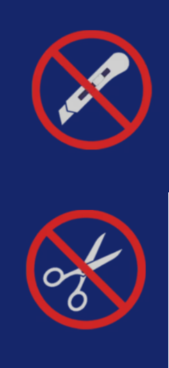 Pictogram met verbod op het gebruik van een mes en schaar, rood waarschuwingssymbool op blauwe achtergrond Pictogram met verbod op het gebruik van een mes en schaar, rood waarschuwingssymbool op blauwe achtergrond
